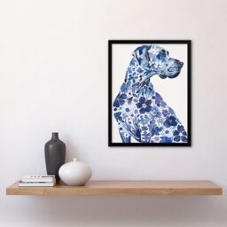 "Artery8 Floral Great Dane Blue Dog Lover Pet Portrait Framed Wall Art - Size: W12"" x H16""" - thumbnail 4
