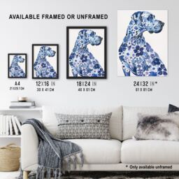 "Artery8 Floral Great Dane Blue Dog Lover Pet Portrait Framed Wall Art - Size: W12"" x H16""" - thumbnail 3