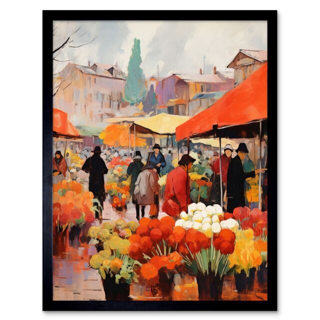 "Artery8 Wall Art Print Busy Flower Market Warm Amber Orange Yellow Oil Painting Art Framed in Black - Size: W12"" x H16""" - image 1