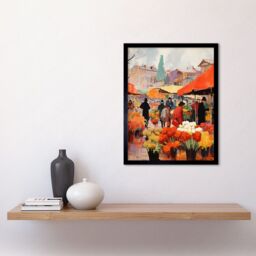 "Artery8 Wall Art Print Busy Flower Market Warm Amber Orange Yellow Oil Painting Art Framed in Black - Size: W12"" x H16""" - thumbnail 2