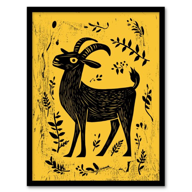 "Artery8 Goat Plant Leaves Simple Black Yellow Folk Art Framed Art Print in Mustard - Size: W12"" x H16""" - image 1