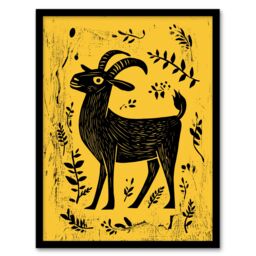 "Artery8 Goat Plant Leaves Simple Black Yellow Folk Art Framed Art Print in Mustard - Size: W12"" x H16""" - thumbnail 1
