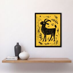 "Artery8 Goat Plant Leaves Simple Black Yellow Folk Art Framed Art Print in Mustard - Size: W12"" x H16""" - thumbnail 4