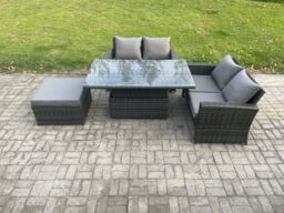 Fimous 4 Pieces Garden Furniture Sets Rattan Outdoor Patio Height Adjustable Rising Lifting Table Sofa Dining Set in Dark Grey - thumbnail 2