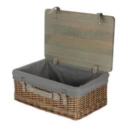 Red Hamper Antique Wash Grey Lined Willow Empty Picnic Basket with Pinewood Lid - Size: Medium