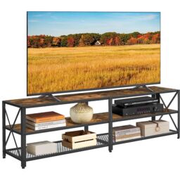 VASAGLE Extra Wide TV Stand Cabinet Storage Shelves Steel Frame Entertainment in Brown - thumbnail 8