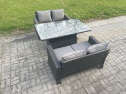 Fimous 3 Pieces Garden Furniture Sets Poly Rattan Outdoor Patio Height Adjustable Rising Lifting Table Sofa Dining Set in Dark Grey - thumbnail 1