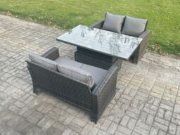 Fimous 3 Pieces Garden Furniture Sets Poly Rattan Outdoor Patio Height Adjustable Rising Lifting Table Sofa Dining Set in Dark Grey - thumbnail 2