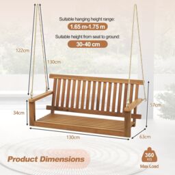 Costway Acacia Wood Porch Swing 2-Person Outdoor Patio Hanging Chair w/Backrest in Natural - thumbnail 2