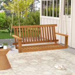 Costway Acacia Wood Porch Swing 2-Person Outdoor Patio Hanging Chair w/Backrest in Natural - thumbnail 3