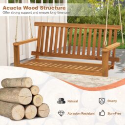 Costway Acacia Wood Porch Swing 2-Person Outdoor Patio Hanging Chair w/Backrest in Natural - thumbnail 6