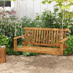 Costway Acacia Wood Porch Swing 2-Person Outdoor Patio Hanging Chair w/Backrest in Natural - thumbnail 5