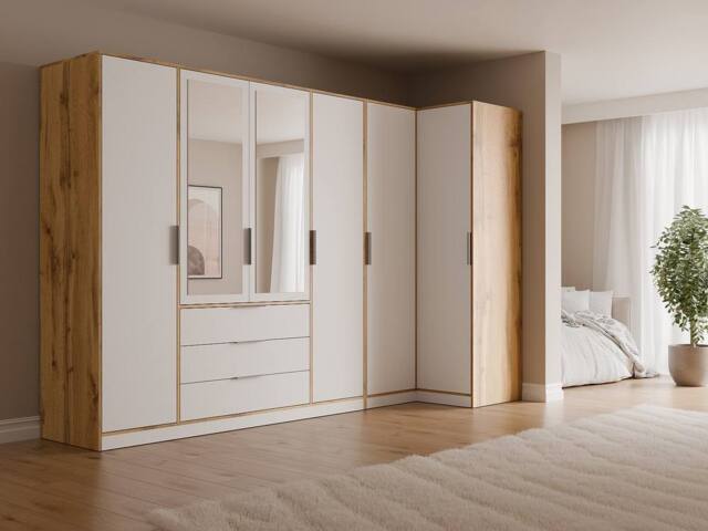 Vente-unique Corner Wardrobe With 6 Doors & 3 Drawers - With Mirrors - W302/311 in Light Oak - image 1