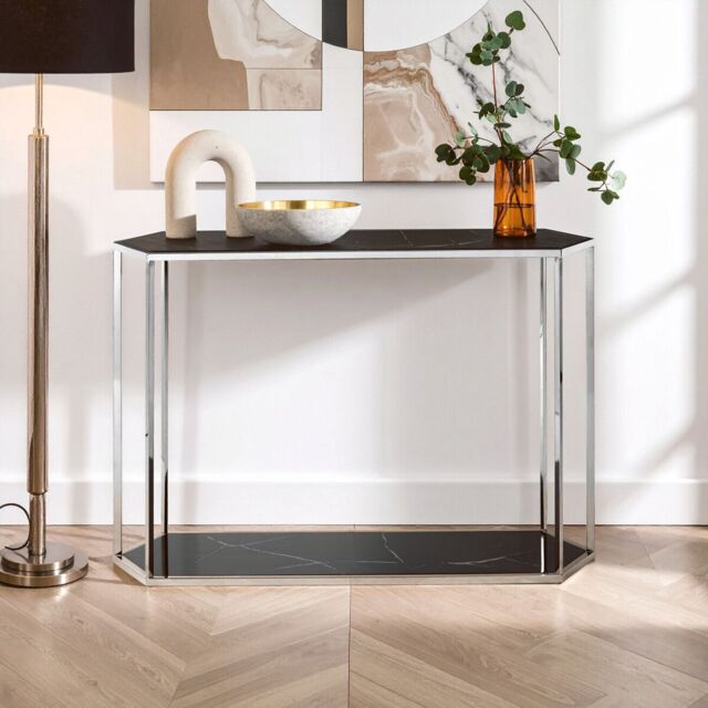 Orsina Silver Frame Console Table With Black Marble Top, Satinless Steel Hallway Table, Center Table, Spacious Table - image 1