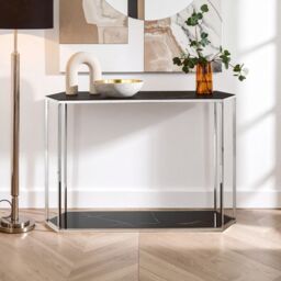 Orsina Silver Frame Console Table With Black Marble Top, Satinless Steel Hallway Table, Center Table, Spacious Table