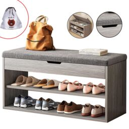 Hinsinc Grey Shoe Bench Shoe Storage Rack Cabinet Organiser with Cushion Padded Seat