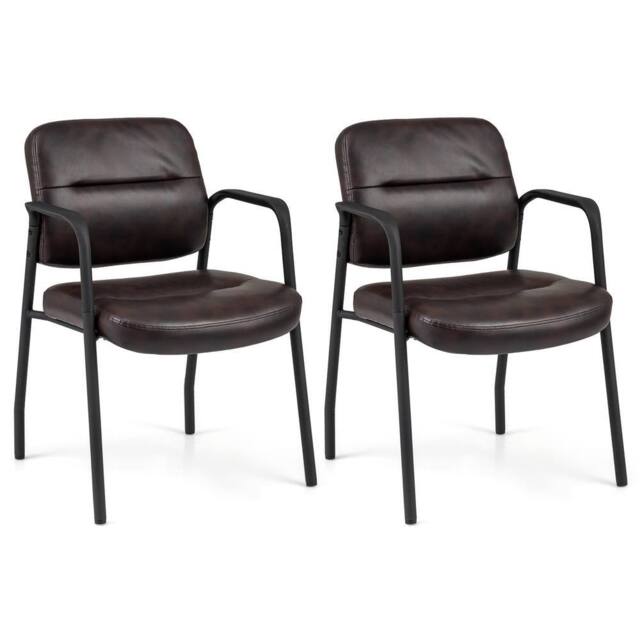Costway 2Pcs Waiting Room Chairs Upholstered PU Leather Conference Room Chairs in Brown
