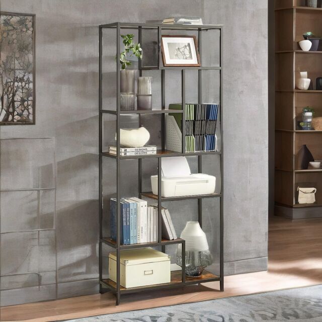 Rafaelo Mobilia 175CM Tall Industrial Bookcase With 6 Tiered Shelves in Dark Brown - image 1