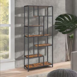 Rafaelo Mobilia 175CM Tall Industrial Bookcase With 6 Tiered Shelves in Dark Brown - thumbnail 2