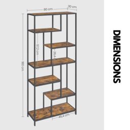 Rafaelo Mobilia 175CM Tall Industrial Bookcase With 6 Tiered Shelves in Dark Brown - thumbnail 6