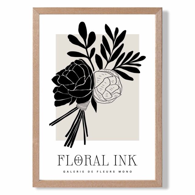 ARTZE Black & Beige Closed Peonies Floral Ink Sketch Framed Print SIZE: A2 with Oak Frame - Size: A4 - image 1