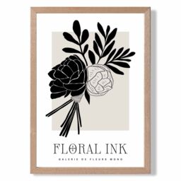 ARTZE Black & Beige Closed Peonies Floral Ink Sketch Framed Print SIZE: A2 with Oak Frame - Size: A4