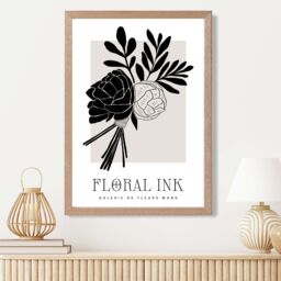 ARTZE Black & Beige Closed Peonies Floral Ink Sketch Framed Print SIZE: A2 with Oak Frame - Size: A4 - thumbnail 2