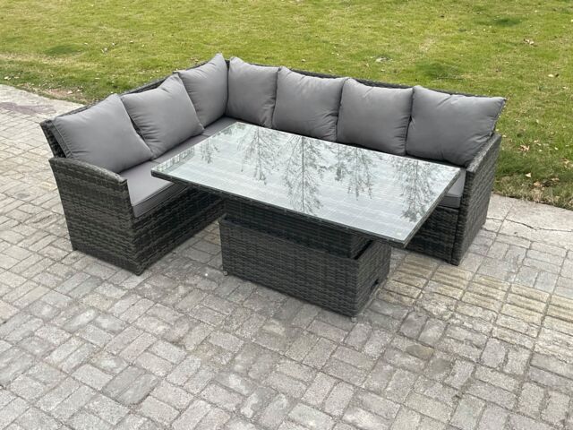 Fimous Wicker PE Outdoor Rattan Garden Furniture Set Height Adjustable Rising Lifting Table Sofa Dining Set with Dark Grey Mixed - image 1