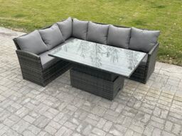 Fimous Wicker PE Outdoor Rattan Garden Furniture Set Height Adjustable Rising Lifting Table Sofa Dining Set with Dark Grey Mixed - thumbnail 1