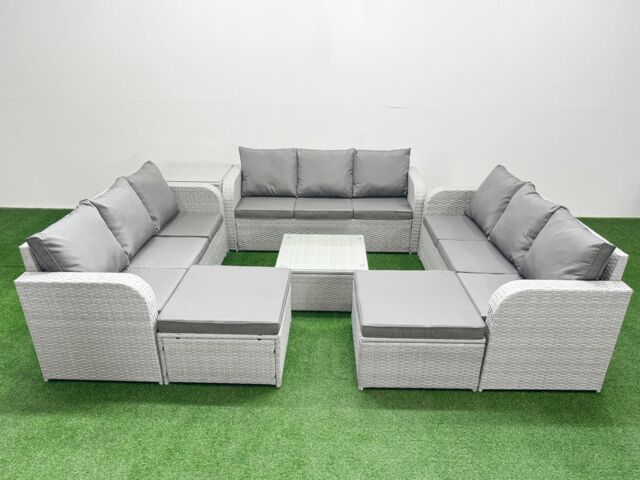 Fimous PE Rattan Lounge Sofa Set 11 Seater Outdoor Garden Furniture Set with Square Coffee Table 3 Seater Sofa 2 Big Footstools Side Table Light Grey - image 1
