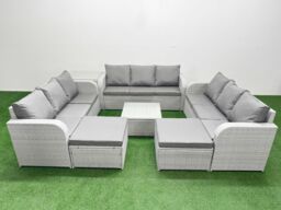 Fimous PE Rattan Lounge Sofa Set 11 Seater Outdoor Garden Furniture Set with Square Coffee Table 3 Seater Sofa 2 Big Footstools Side Table Light Grey - thumbnail 2