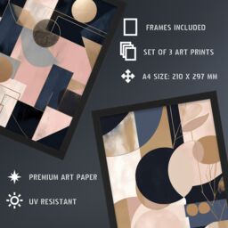 Artery8 A4 Wall Art & Frame Set of 3 Abstract Geometric Paintings Pink in Light Pink - thumbnail 3