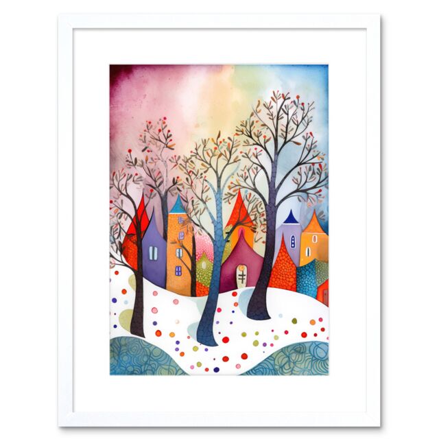 "Artery8 Wall Art Print Winter Whimsy Forest Village Folk Artwork Framed 9X7 Inch in White - Size: W7"" x H9""" - image 1