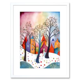 "Artery8 Wall Art Print Winter Whimsy Forest Village Folk Artwork Framed 9X7 Inch in White - Size: W7"" x H9""" - thumbnail 1