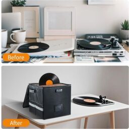 Hinsinc Vinyl Record Storage Box Lock Waterproof Dustproof 100 12 Records in Black - thumbnail 3