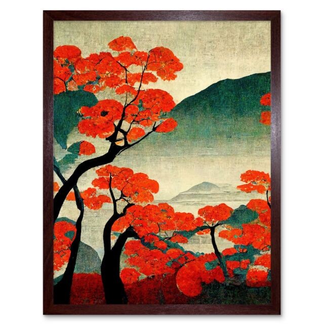 "Artery8 Wall Art Print Modern Japanese Red Maple Trees On Hillside Art Framed in Brown - Size: W12"" x H16""" - image 1