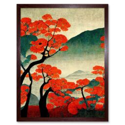 "Artery8 Wall Art Print Modern Japanese Red Maple Trees On Hillside Art Framed in Brown - Size: W12"" x H16""" - thumbnail 1