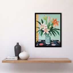 Artery8 Wall Art Print Pink Lilies in a Green Vase Colourful Oil Painting Springtime Flowers Floral Still Life Artwork Framed in Blue - Size: A4 - thumbnail 4