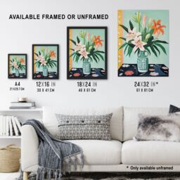 Artery8 Wall Art Print Pink Lilies in a Green Vase Colourful Oil Painting Springtime Flowers Floral Still Life Artwork Framed in Blue - Size: A4 - thumbnail 3