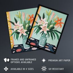Artery8 Wall Art Print Pink Lilies in a Green Vase Colourful Oil Painting Springtime Flowers Floral Still Life Artwork Framed in Blue - Size: A4 - thumbnail 2