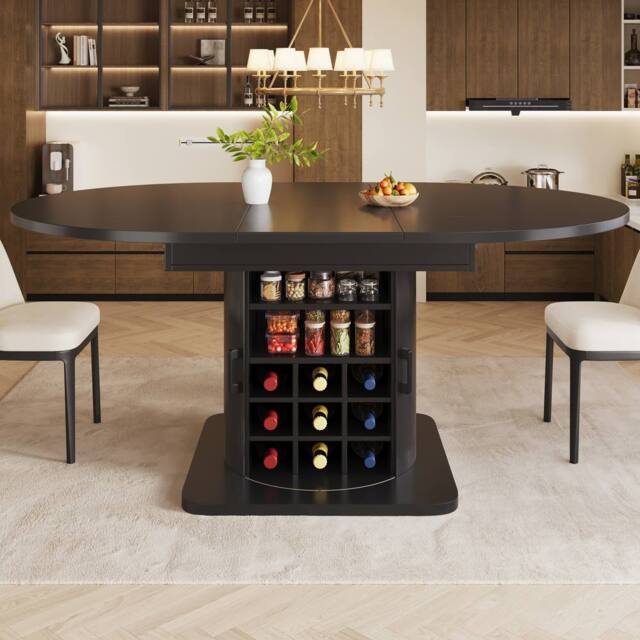 BTM Black Extendable Dining Table, MDF Top, Wine Rack, Space-Saving Storage - image 1