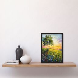 "Artery8 Tree Wildflower Meadow at Sunrise Oil Painting Framed Art Print in Green - Size: W12"" x H16""" - thumbnail 4