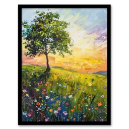 "Artery8 Tree Wildflower Meadow at Sunrise Oil Painting Framed Art Print in Green - Size: W12"" x H16""" - thumbnail 1