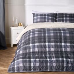 OHS Tartan Check Sherpa Reversible 10.5 Tog Washable Coverless Duvet with Pillowcases in Grey - Size: Single