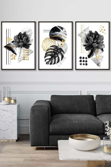 ARTZE Set of 3 Black Framed Abstract Black & Gold Botanical Wall Art - Size: W53 cm x H73 cm x D20mm - image 1