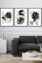 ARTZE Set of 3 Black Framed Abstract Black & Gold Botanical Wall Art - Size: W53 cm x H73 cm x D20mm - thumbnail 1