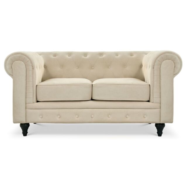 Bravich LTD Chesterfield Scroll Arm Velvet Sofa Buttoned Back Living Room Settee in Beige - Size: 3 Seater - image 1