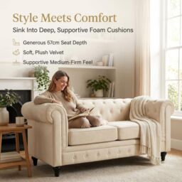 Bravich LTD Chesterfield Scroll Arm Velvet Sofa Buttoned Back Living Room Settee in Beige - Size: 3 Seater - thumbnail 3