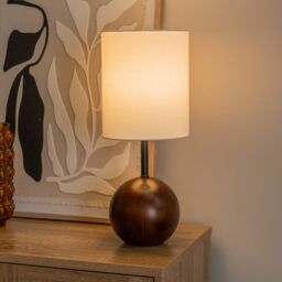 ValueLights Brandon White Tall Linen Lamp Shade Dark Walnut Wood Ball Table Lamp with Bulb in Brown