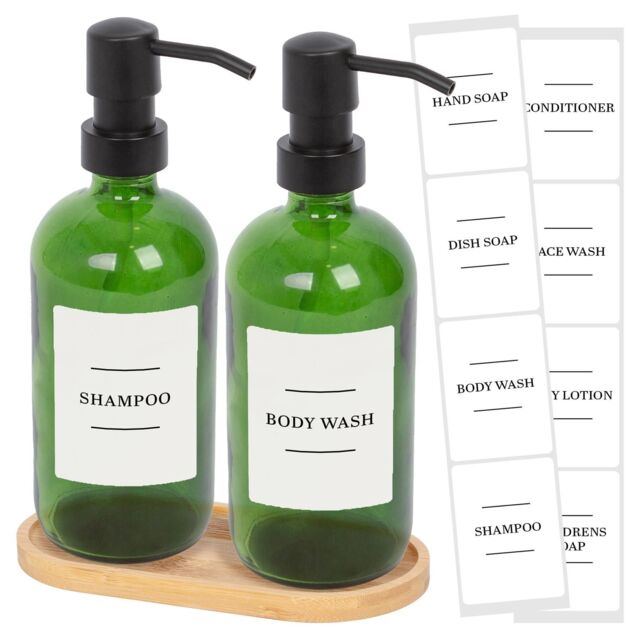 Harbour Housewares 2pc Glass Soap Dispenser Set with Bamboo Tray & Labels - 500ml - White in Green - image 1